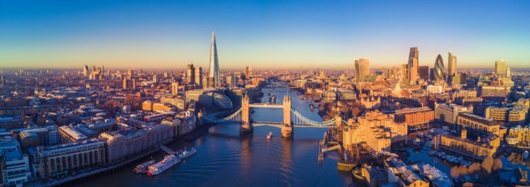 Aerial view of the London skyline looking westwards along the River Thames